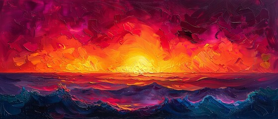 Wall Mural - A vibrant sunset is abstractly captured with thick, sweeping strokes of paint blending fiery red orange and purple.