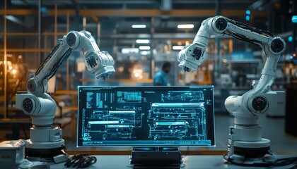 Poster - Electronics factory setting, male and female in conversation, augmented reality display of conveyor belt, robot arms