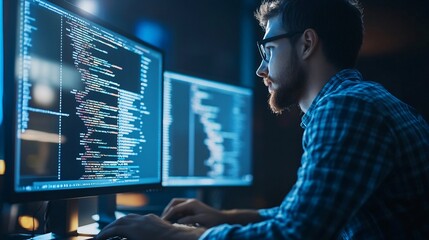 A focused developer programming on multiple screens with code in a dimly lit environment, showcasing modern technology use.