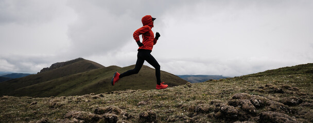 Poster - Woman trail runner cross country running to high altitude mountain peak