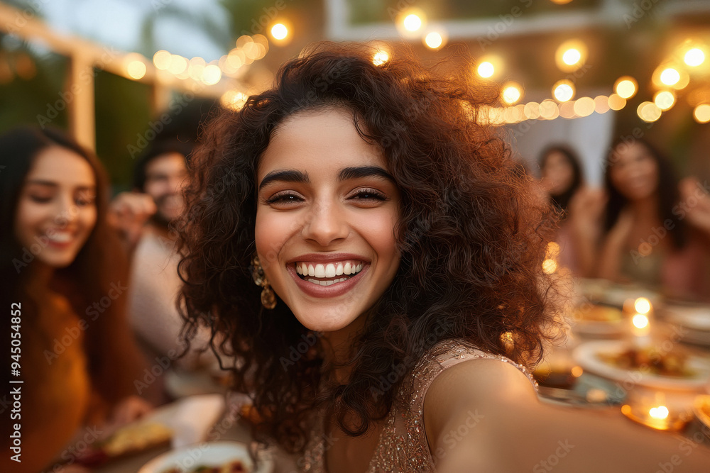 happy Indian friends taking a selfie at a dining table with food on it ...