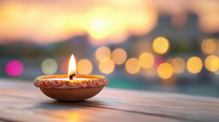 Traditional oil lamp with flame on diwali festival