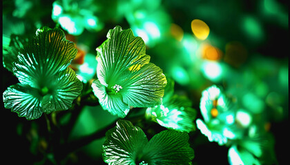 Close-up of green, illuminated flowers with a blurred background, creating a vibrant and detailed visual effect