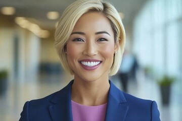 Confident businesswoman with short blonde hair standing in a bright office hallway exuding professionalism leadership and modern business style while preparing for a successful day