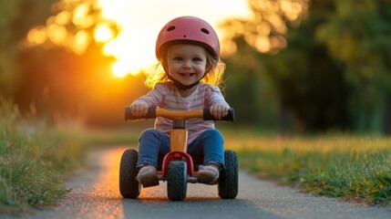 A young girl is riding a tricycle on a road