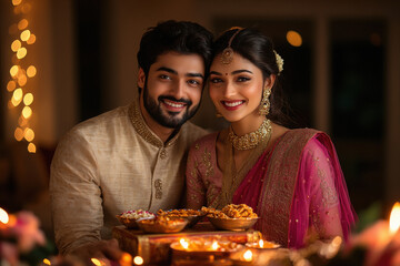 Canvas Print - Indian couple celebrating diwali festival