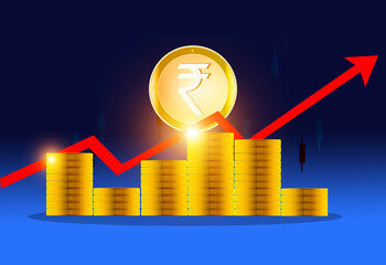 Indian rupee investment and saving financial growing chart template. Gold Coins Stack With Rupee Currency Sign. Indian Cash Financial symbol.