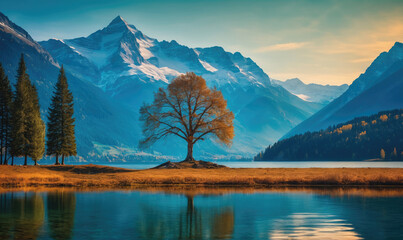 A solitary tree stands tall on the shore of a lake, surrounded by towering mountains