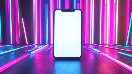 Wall Mural - A blank screen smartphone standing on a dark surface with colorful neon lights.