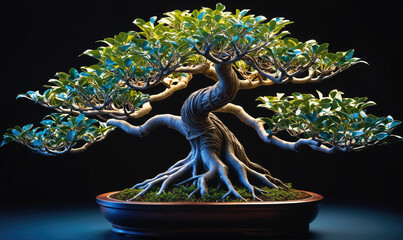 A bonsai tree with intricate branches and roots sits in a pot, showcasing the art of miniature trees