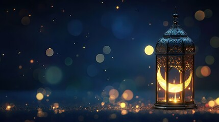 Ornate Lantern with Crescent Moon and Glowing Bokeh