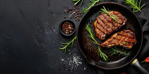 Wall Mural - Pan-seared ribeye steak seasoned with herbs and spices, viewed from above with room for text.