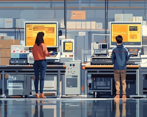 Poster - Male and female at electronics production line, using computer, augmented reality of conveyor belt with robots