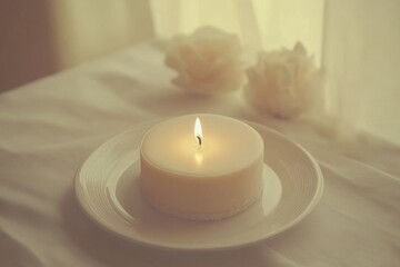 Sticker - A single lit candle in a serene setting representing simplicity calmness and the quiet reflection of special moments offering a moment of peace and contemplation