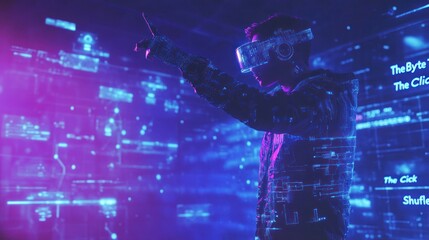 Man in VR Headset Interacting with Digital Interface