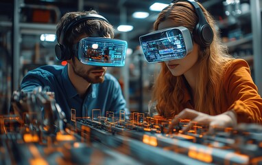 Poster - Male and female in electronics factory, using computer, augmented reality showing conveyor belt and robot arms