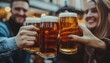 © kinara art design - Friends toasting with beer glasses in a lively outdoor setting.