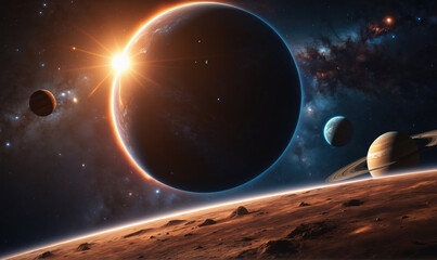Wall Mural - A large planet eclipses a distant star, casting a shadow on a smaller, rocky planet in the foreground