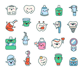 Wall Mural - Cute cartoon dentist tool. Medical items with smiling faces. Hand drawn style. Vector drawing. Collection of design elements.