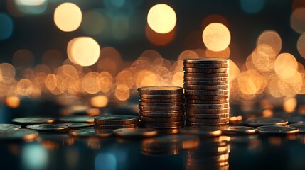 Wall Mural - Shining Financial Success: Stack of Coins and Bills on Bokeh Background representing Wealth and Prosperity in High-end Theme