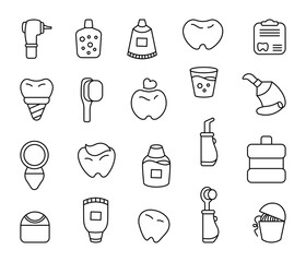 Dentist tool kit. Coloring Page. Medical instrument for dental care. Hand drawn style. Vector drawing. Collection of design elements.