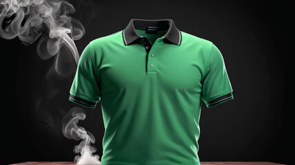 Mock up 3D green polo shirt on a black background podium with light smoke