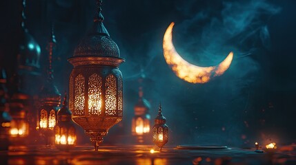 Wall Mural - Glowing Lanterns and a Crescent Moon