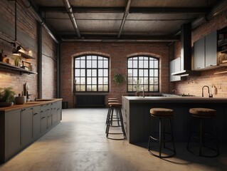 Wall Mural - Industrial Kitchen with Brick Walls and Large Windows