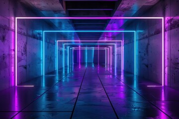 Wall Mural - Neon corridor with glowing lights in pink and blue colors. Futuristic interior design for virtual reality or gaming concepts.