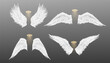 © klyaksun - White realistic angel wings with glowing halo on transparent background. 3d vector illustration set of religion or fairytale heaven element with feathers and aureole. Carnival costume decoration.
