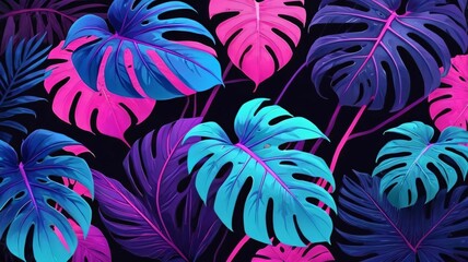 Purple blue and pink neon exotic tropical plant leaves background. Violet fluorescent monstera banner, jungle rainforest palm illustration, trendy advertisement poster 