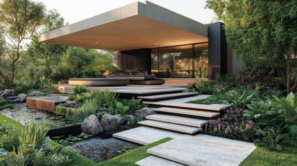 Modern house exterior with beautiful garden landscaping featuring a pond and outdoor furniture