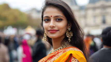 Wall Mural - Young Indian woman attending a cultural event in Paris, capturing the essence of Parisian