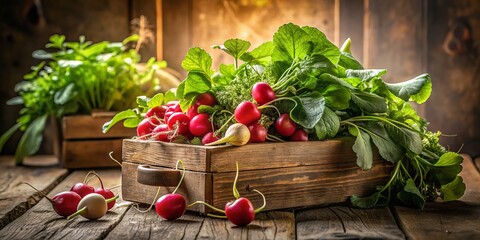 Radishes burst forth from a vintage wooden box, surrounded by wispy tendrils and delicate greenery, their textures and shapes on display in a warm, beige and muted green morning scene.