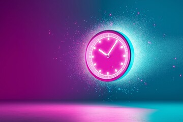 Wall Mural - Illuminated Digital Clock Floating Against a Gradient Background with Glowing Particles