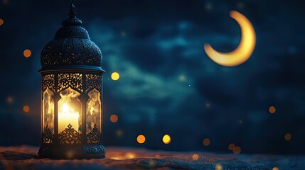 Wall Mural - Ornate Lantern with a Crescent Moon in a Starry Night