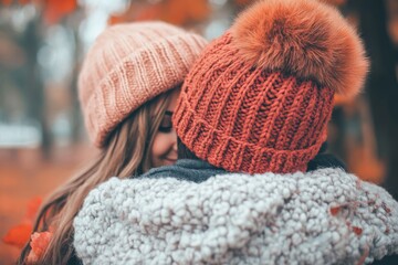 Two people snuggling together in cozy winter hats enjoying the warmth of each others company during a chilly autumn day surrounded by fall foliage