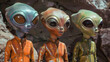 © Mary Salen - Retro 1960s 1950s style vintage b-movie three reptilian space aliens in a row alien trio little green men big eyes nostalgic colored tv show style villain campy fun sci-fi background science fiction