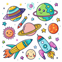 Wall Mural - planets and stars rocket and UFO doodle vector illustration