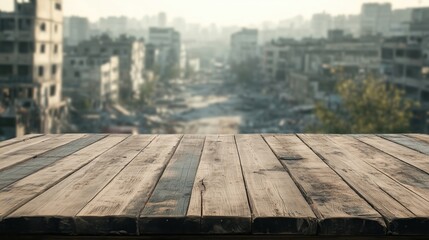 Wall Mural - Empty wooden table with post-apocalyptic city on background