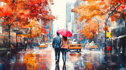 Wall Mural - Watercolor painting, autumn in New York, couple under an umbrella on street