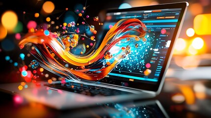 Wall Mural - abstract digital art comes to life with the glow of a laptop and colorful lights.
