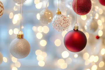 Wall Mural -  bunch of Christmas ornaments hanging from a tree. The ornaments are of different sizes and colors, including white, red, and gold. The scene conveys a festive and joyful mood