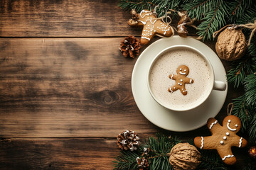 mug of coffee with a gingerbread man on top of it and two gingerbread cookies on the table