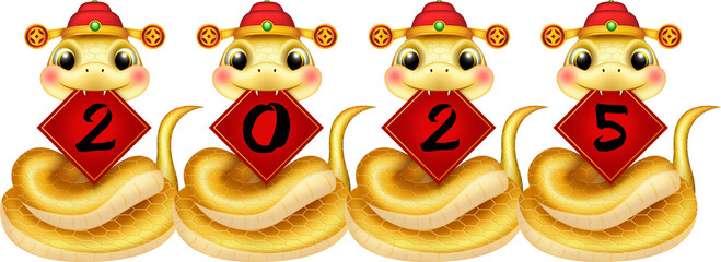 Wall Mural - Cartoon cute golden snake with red spring couplet of text 2025