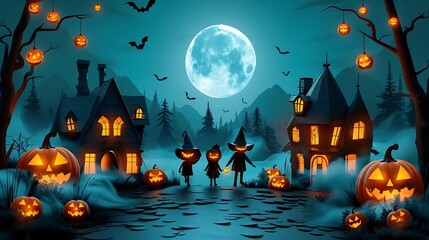 A detailed paper art depiction of children trick-or-treating at night, with spooky houses lit by glowing lanterns, children in elaborate costumes, and a full moon shining above,