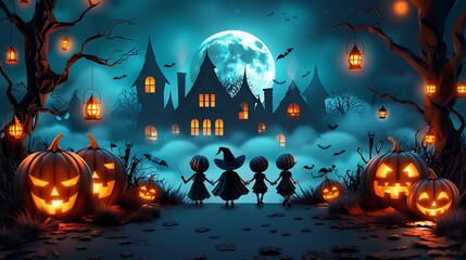 A detailed paper art depiction of children trick-or-treating at night, with spooky houses lit by glowing lanterns, children in elaborate costumes, and a full moon shining above,