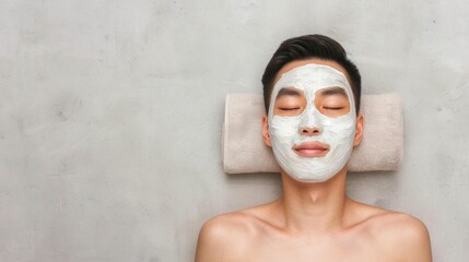 Wall Mural - Portrait of a young Korean man relaxing and enjoying premium facial treatments at an exclusive high end spa with a serene tranquil atmosphere  The man is lying down with his eyes closed