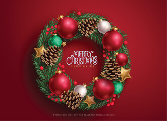 Wall Mural - Christmas wreath red vector design. Merry christmas and happy new year greeting text in chaplet garland, xmas balls, spruce and gold stars elements. Vector illustration wreath xmas design. 
