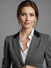 A confident businesswoman wearing a navy suit with hands in pockets, showcasing professionalism and leadership.
